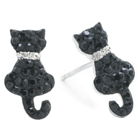 Marisol & Poppy Crystal Black Cat Studs in Sterling Silver for Women, Teen