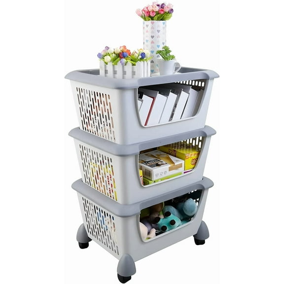 3 Packs Plastic Stacking Storage Basket, Large Stacking Bins with Wheels, Gray