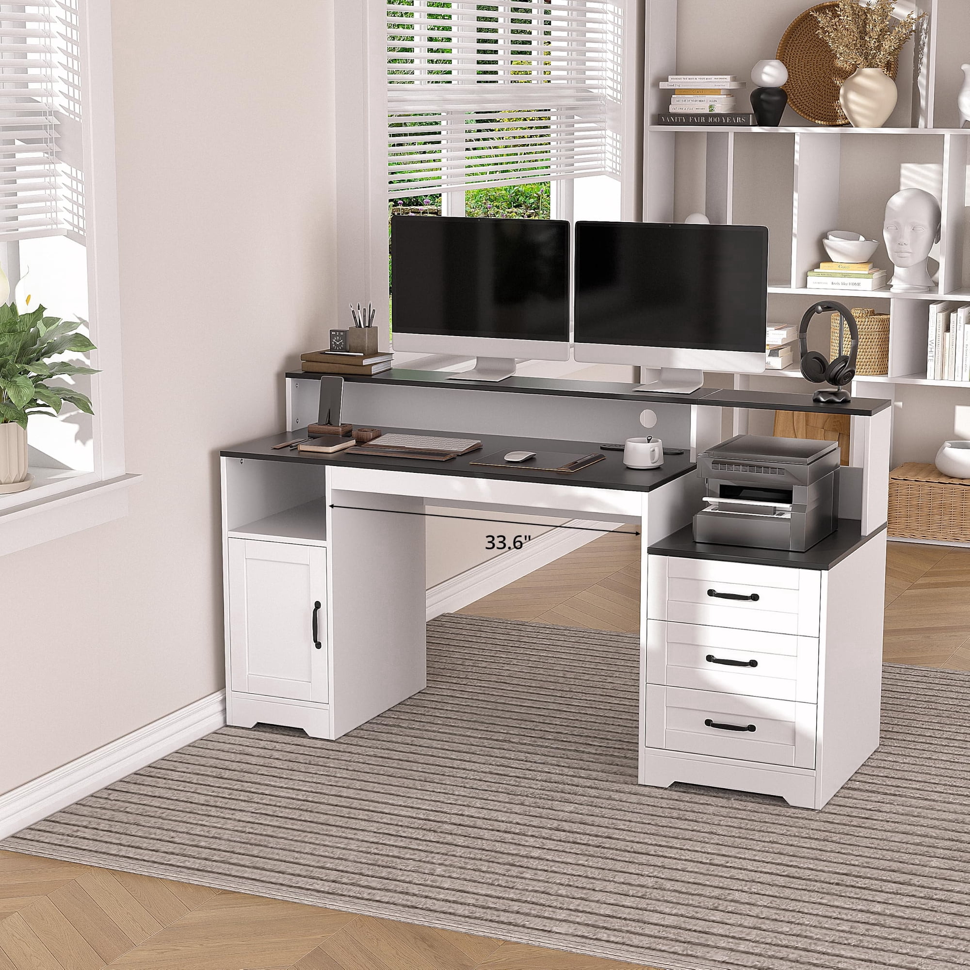 VAFHYLLIS 65'' Farmhouse Wood Computer Desk with Drawers, Home Office Study Writing Desks with Power Outlets,Storage Cabinet(Black and White, Rectangular)