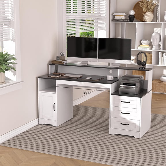 VAFHYLLIS 65'' Farmhouse Wood Computer Desk with Drawers, Home Office Study Writing Desks with Power Outlets,Storage Cabinet(Black and White, Rectangular)