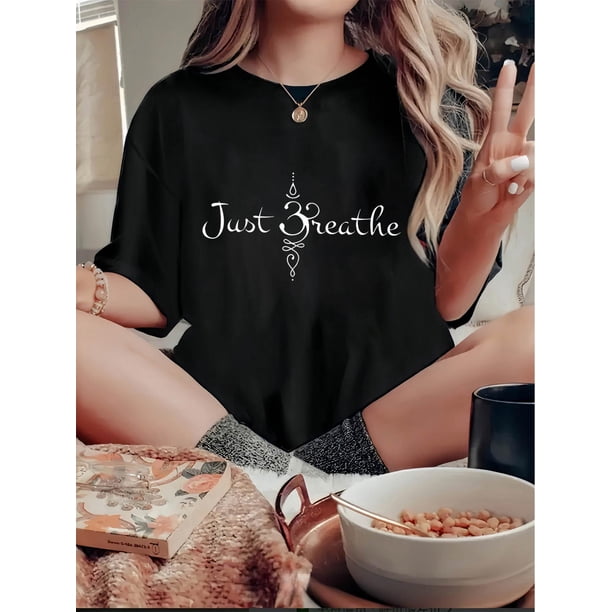 Women's Casual Letter Print T-Shirt - Comfy Crew Neck, Short Sleeve, Stretchy Polyester Blend, Machine Washable - Perfect for Summer & Casual Attire