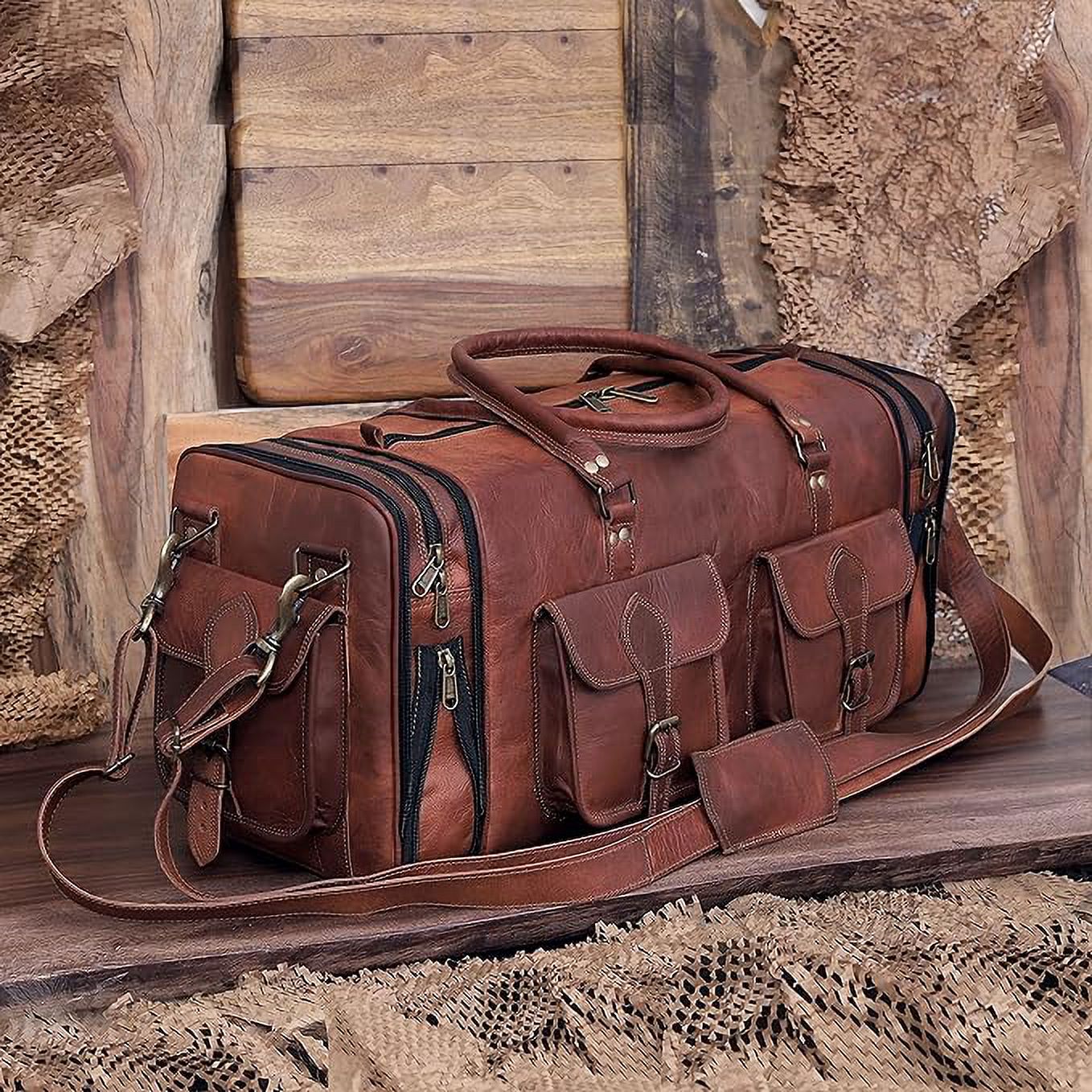 RUZIOON Handmade Vintage Travel Luggage 20 Inch Duffel Gym Sports Bag Weekender Travel Overnight Carry One Duffel Bag For Men (20 inch)