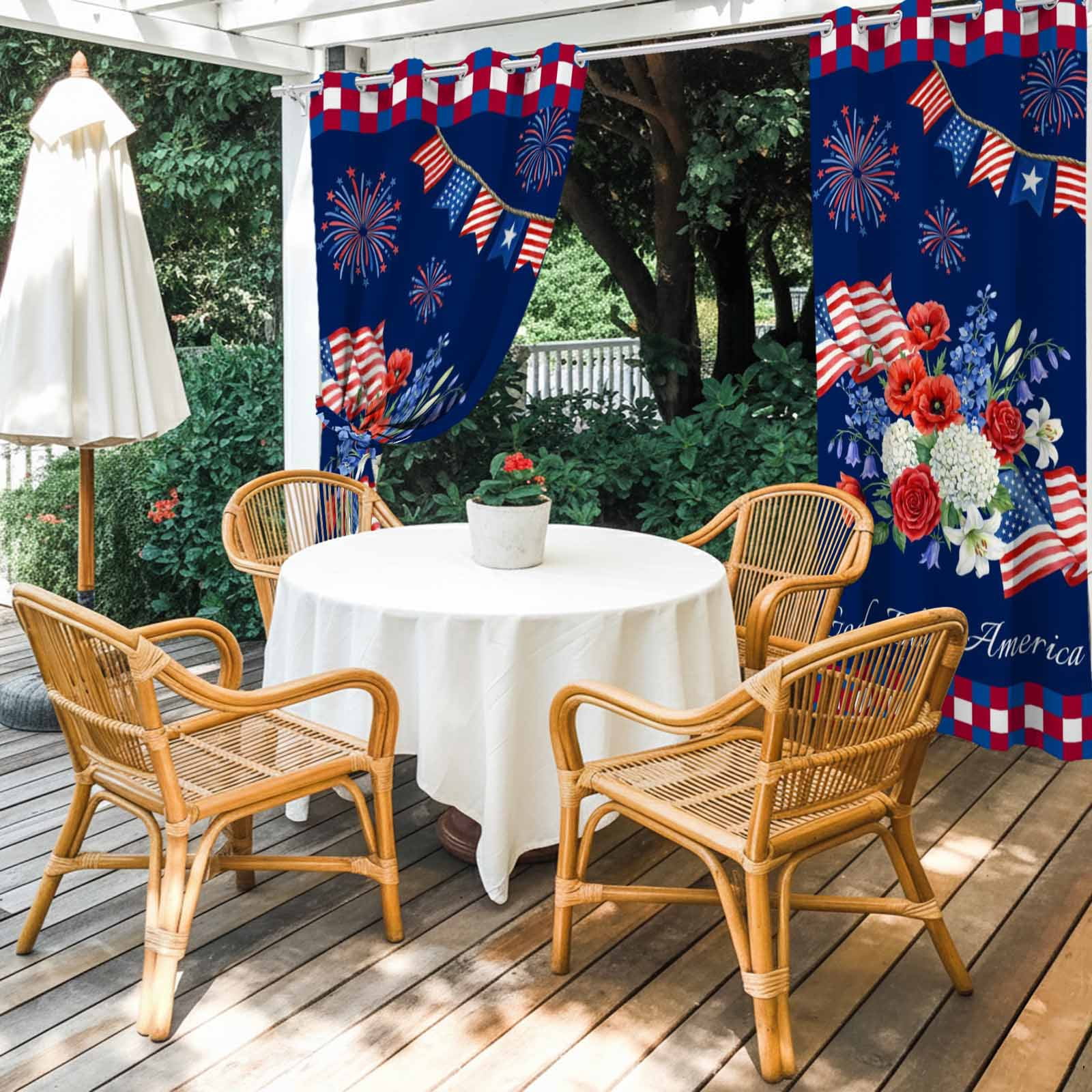 Independence Day Outdoor Curtains for Patio, Red Blue USA Flag Floral Fireworks Dark Blue Sunshade Privacy Drapes Grommet Waterproof Outside Curtains for Porch/Cabana/Balcony 54"x 108", 1 Panel