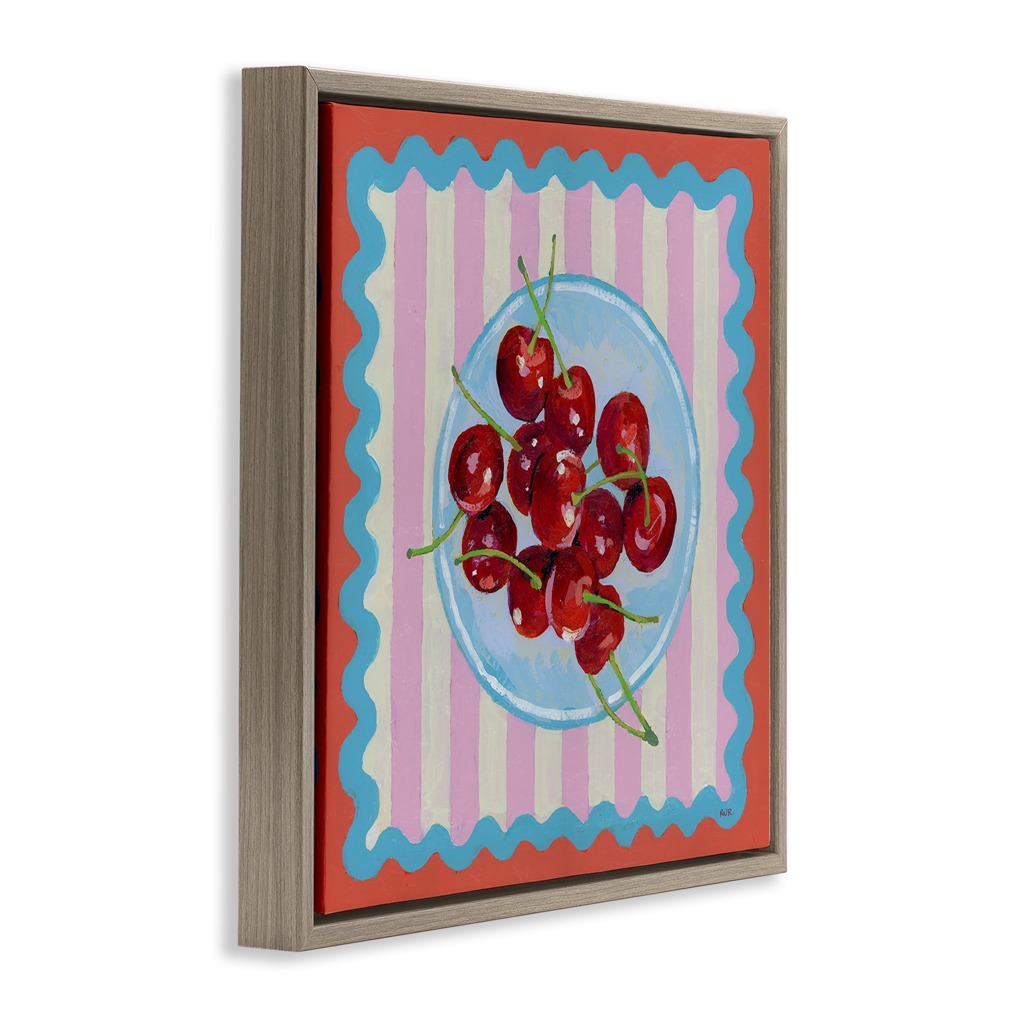 Stupell Industries Red Cherries over Pink Stripes Brown Framed Floater Canvas Wall Art, design by Rachael Reese