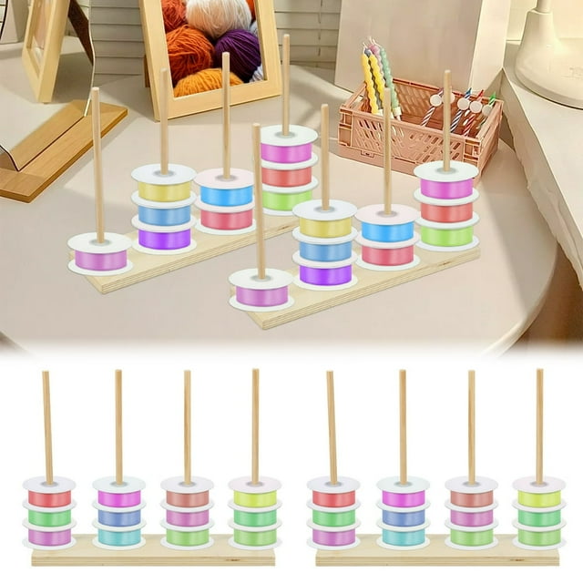 SUTENGDA 2 Pcs Ribbon Organizer Wood Ribbon Storage Rack Space Saving Spool Holder Organizer Practical Ribbon Holder for Sewing Craft Mesh Thread Tape Wreath Crochet Florist Wrapping