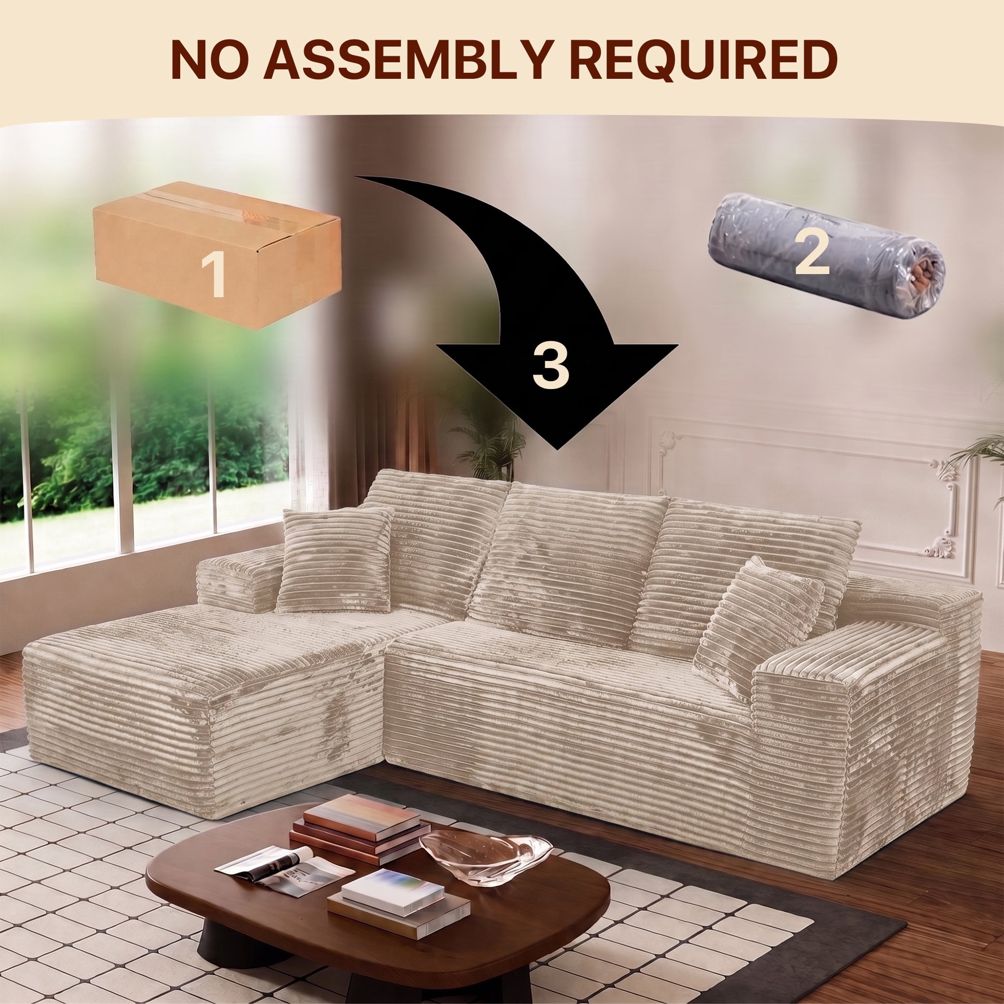 Aukfa 108" Cloud Sectional Sofa Deep Seat Boneless Couch Modular L-Shaped Couch, Left Chaise Corduroy Sofa for Living Room, Khaki
