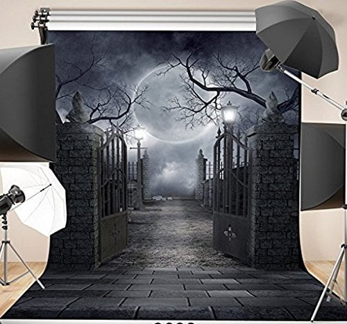 HelloDecor Polyester Fabric 5x7ft graveyard cemetery door lantern dead trees backdrop halloween scary party background