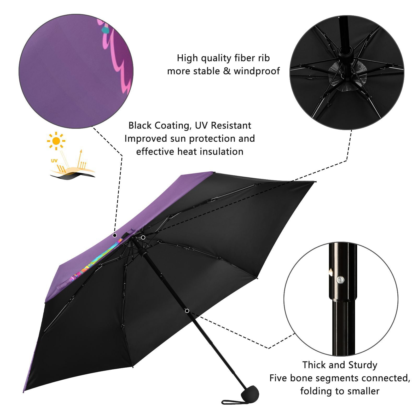 JSTEL Rainbow Color Llama Alpaca Folding Umbrella for Rain Sun Travel Mini Lightweight Compact Umbrellas