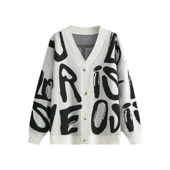 Oversized Cardigans Women Letter Jacquard Sweater Autumn And Breasted Long Sleeve Sweater Outside Outfits Clothes