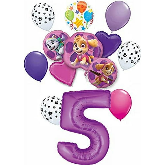 Paw Patrol Party Supplies Skye and Everest Pups 5th Birthday Balloon Bouquet Decorations Purple Number 5