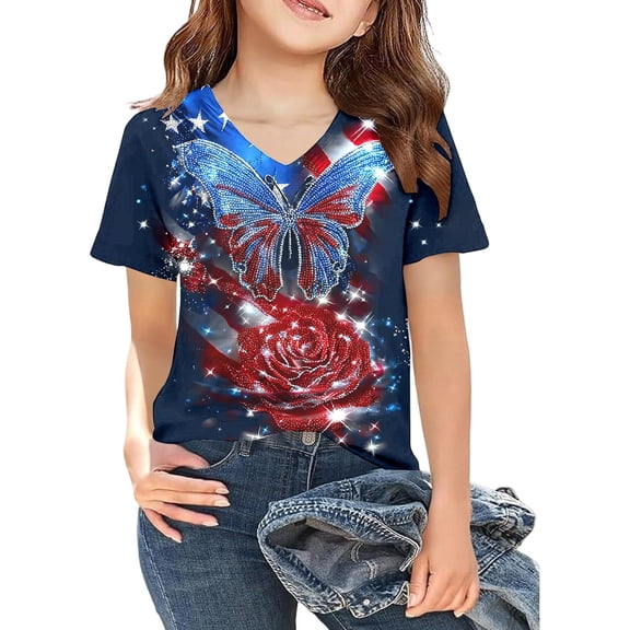 KHONTS Kids 250th Anniversary USA Shirt V-Neck T Shirt Short Sleeve Patriotic Flag Printed 1776-2026 Tshirt,Size 5-14 Years Navy 160