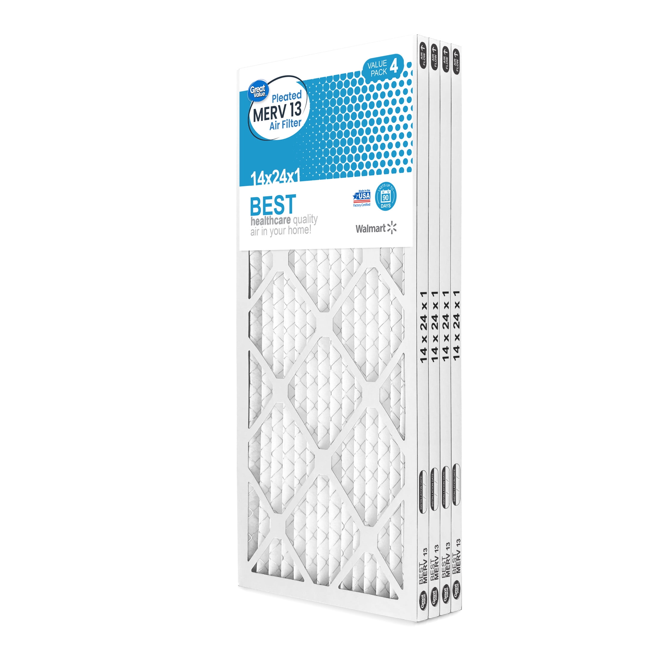 Great Value; 14x24x1; MERV 13 BEST HVAC Air and Furnace Filter; Captures Dust; 4 Filters