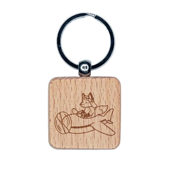 Fox Flying an Airplane Plane Square Keychain Charm Tag - Engraved Wood