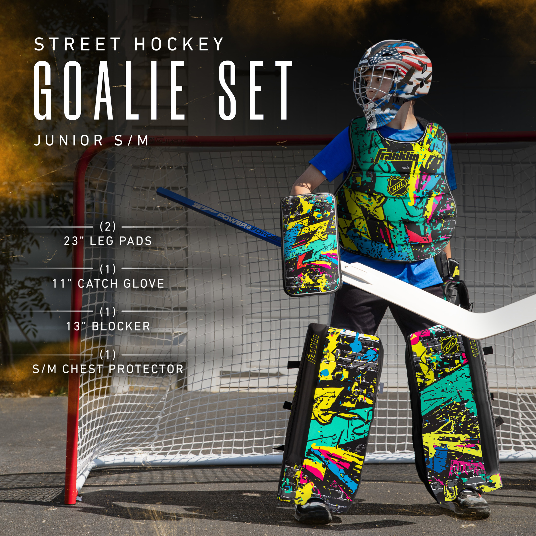 Franklin Sports NHL Kids Street Hockey Goalie Pads Set - Youth Street Hockey Goalie Gear - Junior Blocker, Glove + Pads - Comp100 Adjustable Kids Equipment - Youth Small / Medium