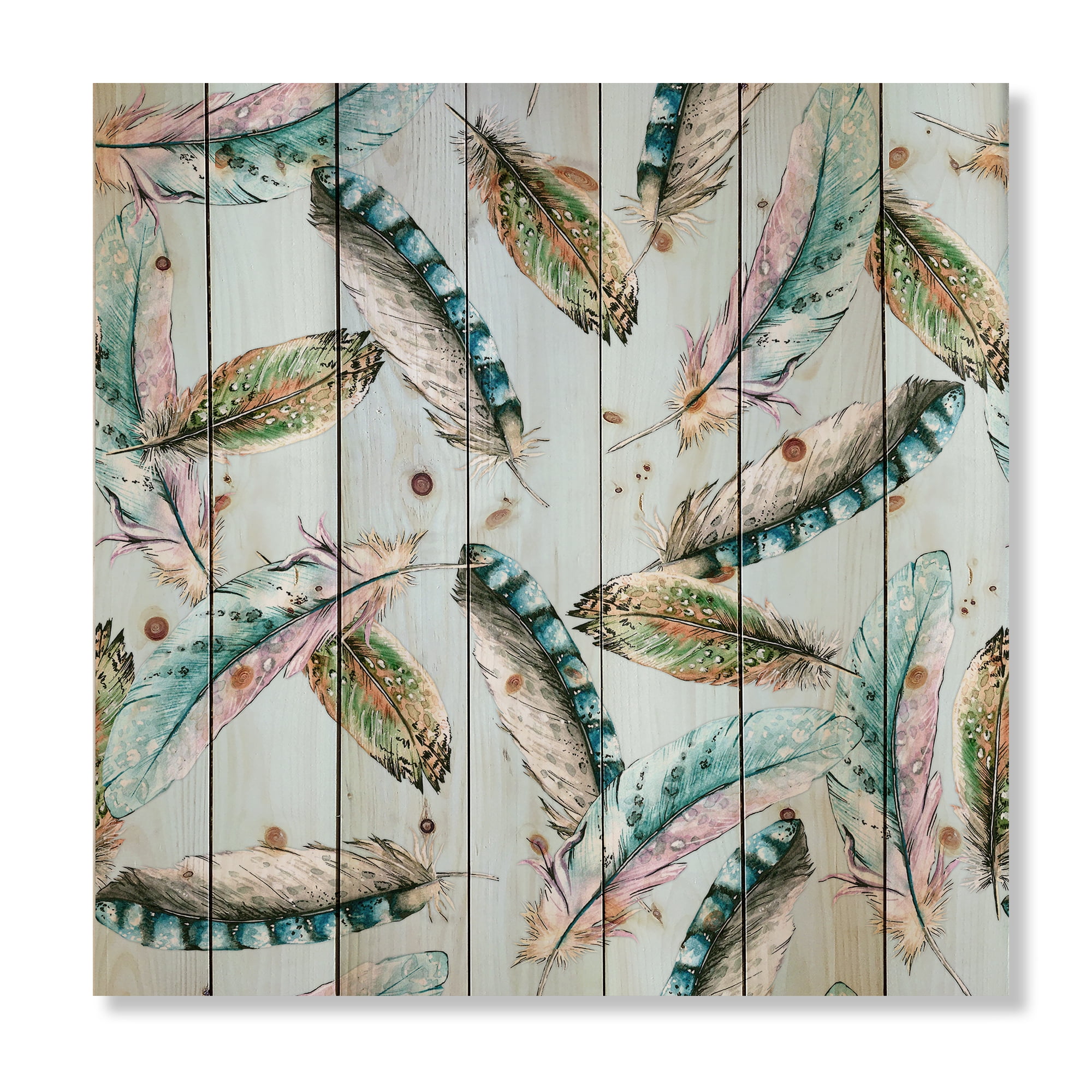 Designart 'Green Bird Feathers On Blue Background' Bohemian & Eclectic Print on Natural Pine Wood