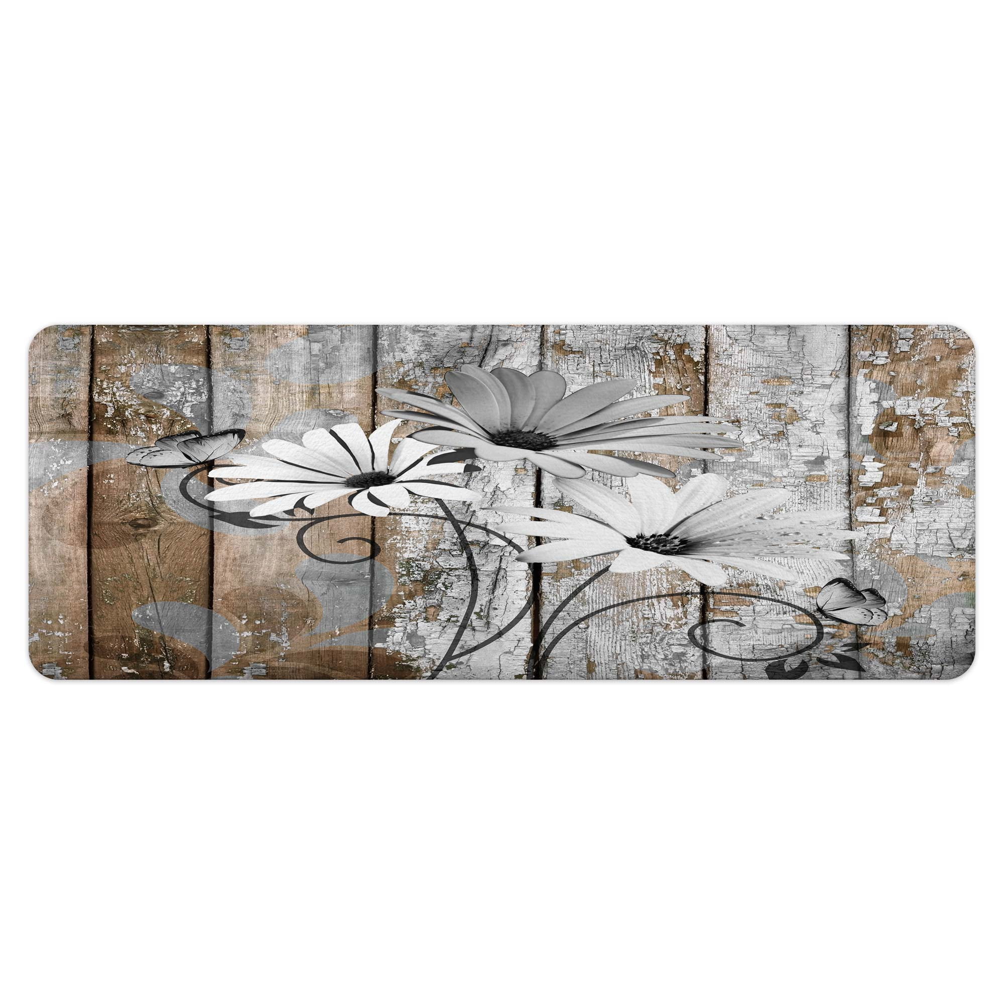 Farmhouse Floral Flower Bath Mat, Grey Daisy Rustic Wooden Plank Country Barn Wood Non-Slip Flannel Soft Doormat Floor Entryways Outdoor Indoor Front Door Mat, 17X48