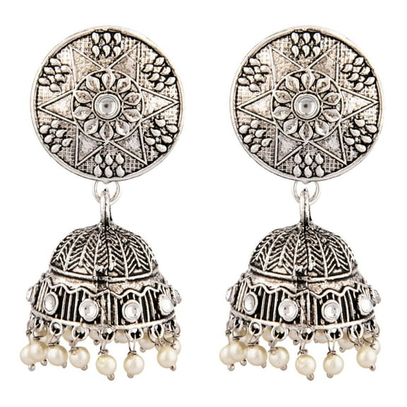 Efulgenz Indian Oxidized Jewelry Boho Vintage Tribal Kundan Faux Pearl Round Floral Jhumka Jhumki Earrings for Women, White