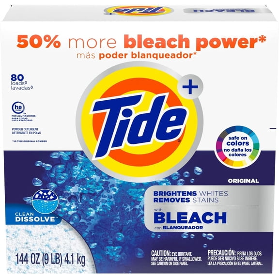 Tide 84998 Laundry Detergent With Bleach, Tide Original Scent, Powder, 144 Oz Box