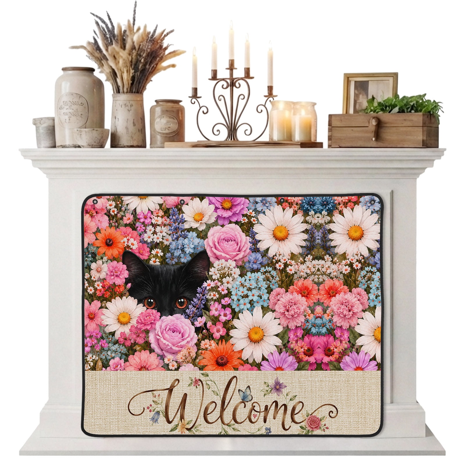 Magnetic Fireplace Cover Peeking Black Cat Fireplace Screen Pink Wildflower Green Leaves Insulation Fireplace Blocker Blanket Save Energy Fireplace Draft Stopper Covers for Living Room 39x32