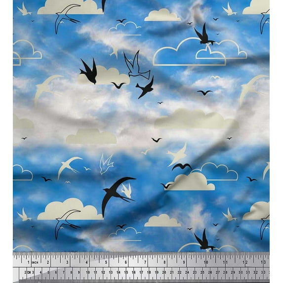 Soimoi Cotton Cambric Fabric Clouds & Flying Swift Bird Print Fabric by the Yard 42 Inch Wide