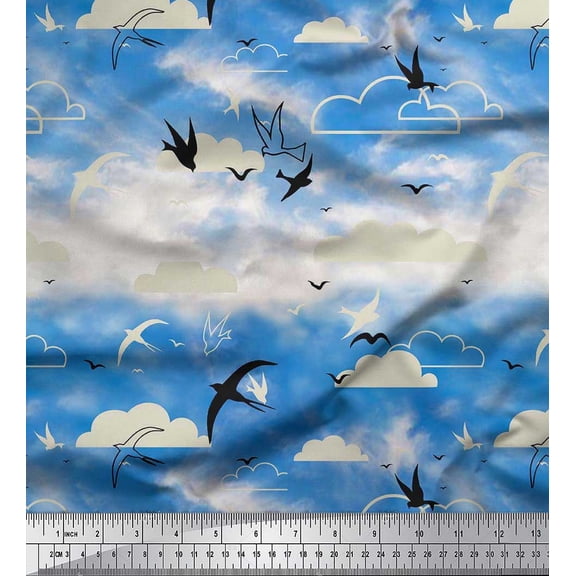 Soimoi polyester Crepe Fabric Clouds & Flying Swift Bird Printed Fabric 1 Yard 42 Inch Wide