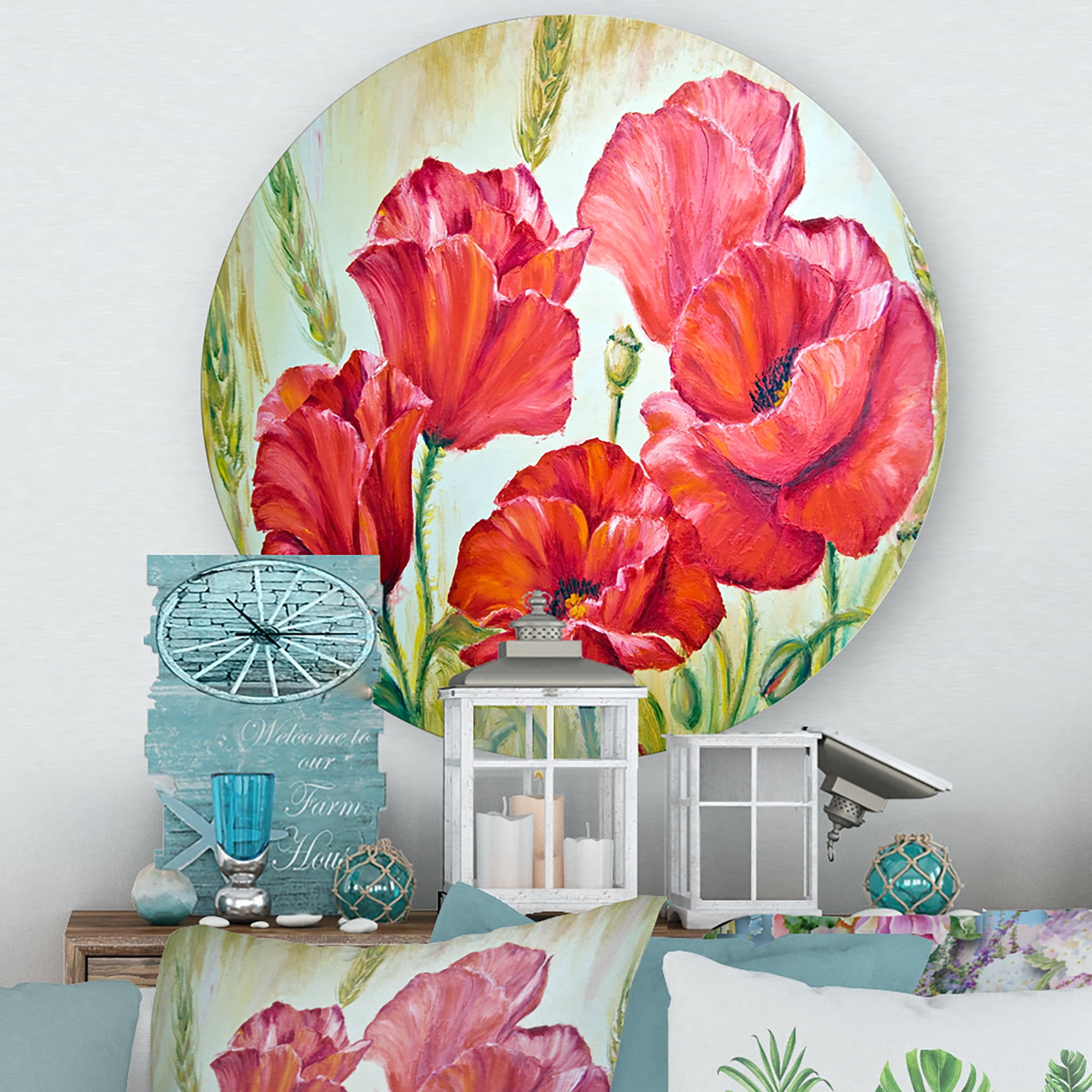 Designart 'Blossoming Red Poppies In The Morning' Traditional Circle Metal Wall Art 23x23 - Disc of 23