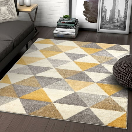 Metallic Gold Rug Well Woven Isometry Gold & Grey Modern Geometric Triangle Pattern 5' x 7' Area Rug Soft Shed Free Easy to Clean Stain Resistant ()