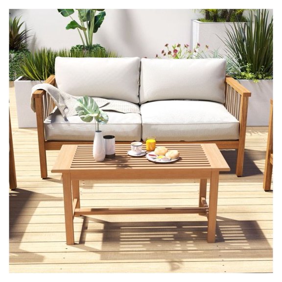Yunken 36 Inch Rectangular Patio Coffee Table with Slatted Tabletop, All-Weather Outdoor Side Table for Garden, Poolside, Porch Furniture