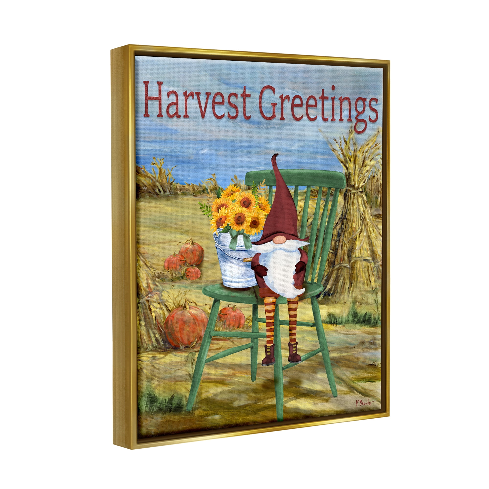 Stupell Industries Harvest Greetings Gnome Landscape Painting Gold Floater Framed Canvas Art Print Wall Art, 17 x 21