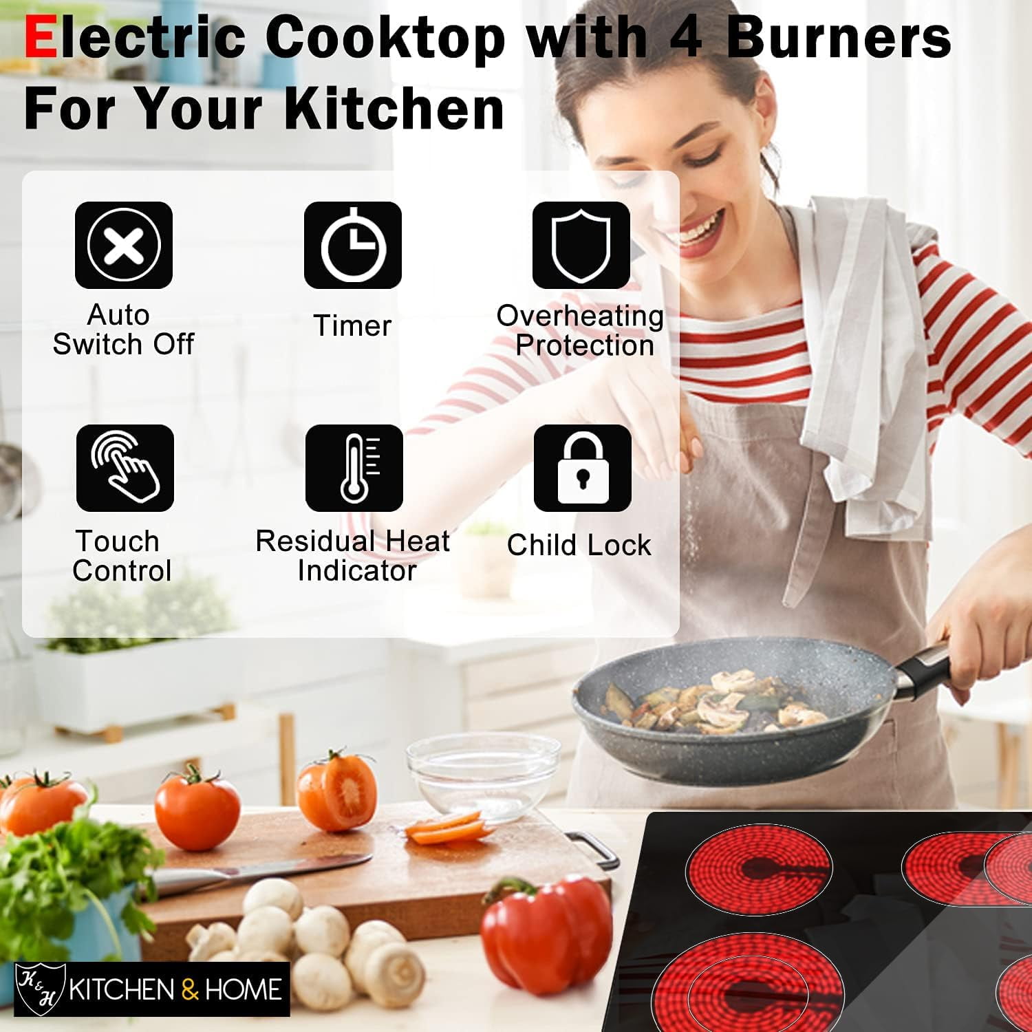 K&H German Designed 4 Burner 30 Inch Built-in Electric Stove Top Radiant Ceramic Kitchen Cooktop Knob Control 240V 7200W CE30-7206K