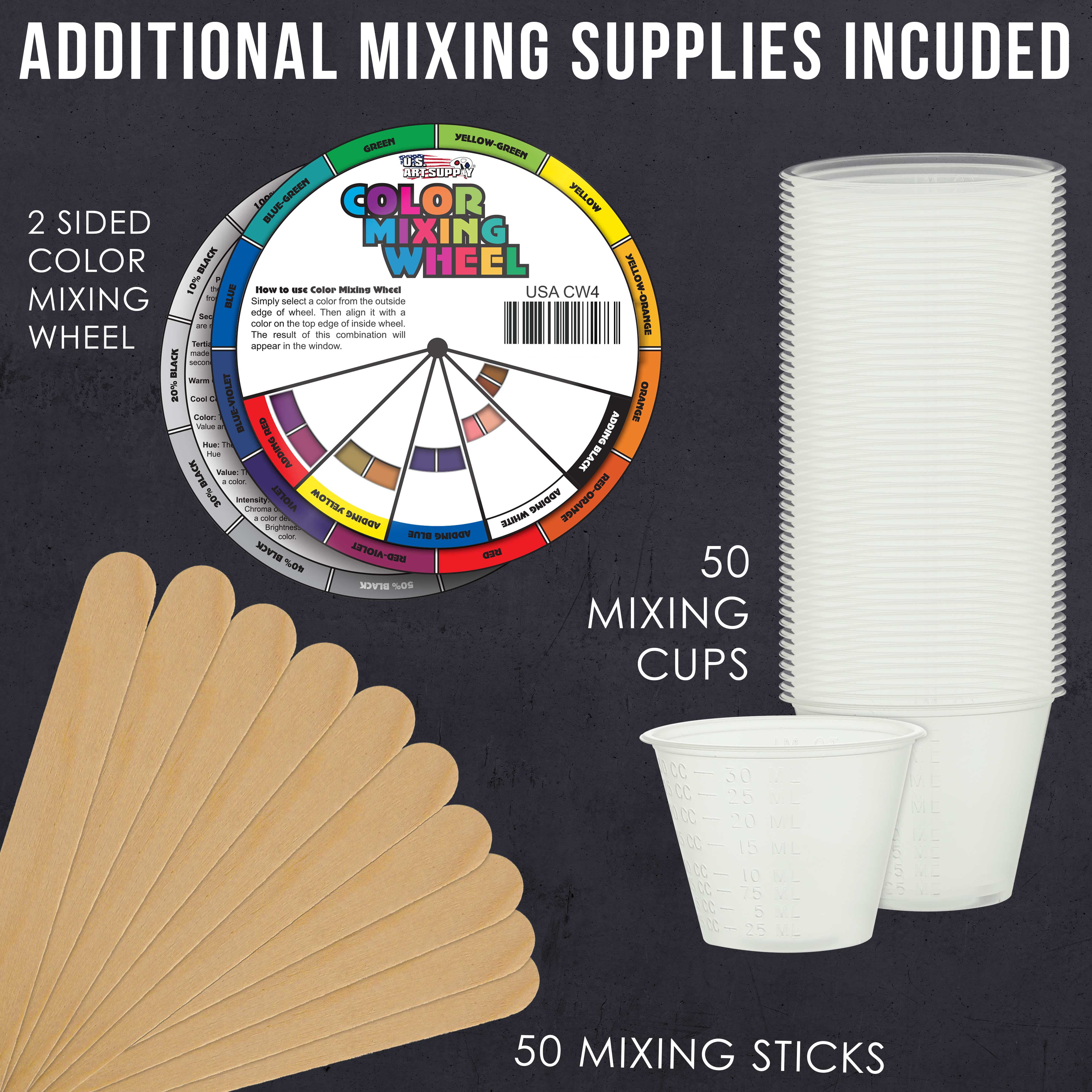 U.S. Art Supply 54 Color Ultimate Acrylic Airbrush, Leather & Shoe Paint Set with Cleaner, Thinner, 50-Plastic Mixing Cups, 50-Wooden Mix Sticks and a Color Mixing Wheel