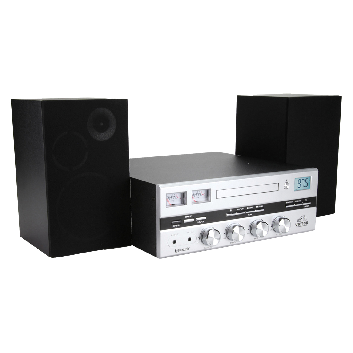 Victor Milwaukee Desktop Home Stereo System with CD Player, FM Radio, Detached Speakers, and Bluetooth