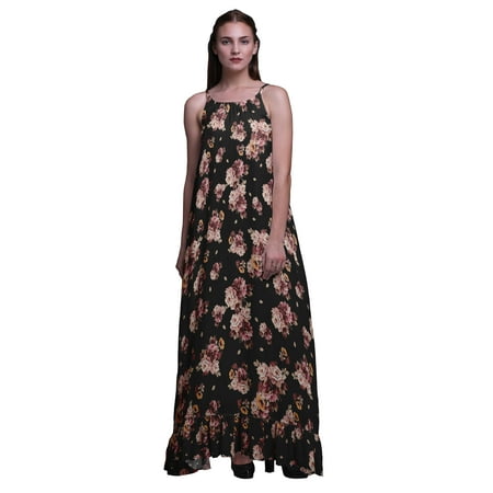 

Bimba Black3 Floral Peony & Buttercup Printed Nightwear For Women Long Spaghetti Strap Maxi Dress Sleepwear Gown X-Small