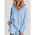 thumbnail image 5 of Womens V Neck 2 Piece Outfits Casual Loose Fit Long Sleeve Top and High Waisted Shorts Lounge Sets Light Blue M, 5 of 6