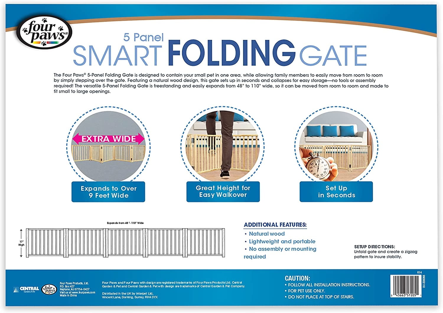 Four Paws 17"H Expandable 5 Panel Dog Gate, Wood