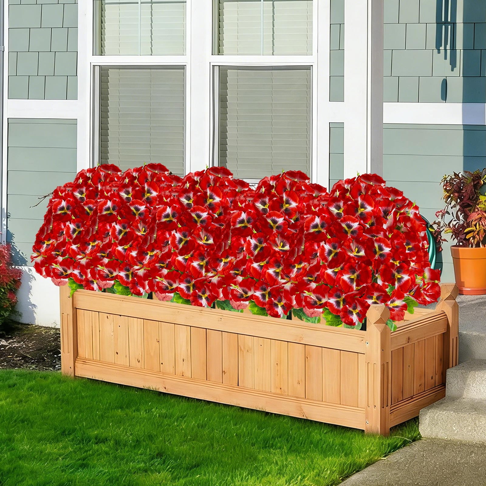 Taotanxi 15.7" Artificial Boxwood Topiary Ball with Flowers Plants with Ground Spikes for Outdoor UV Resistant Realistic Fake Bushes Plants for Garden Yard Front Porch Patio Decor (Red)