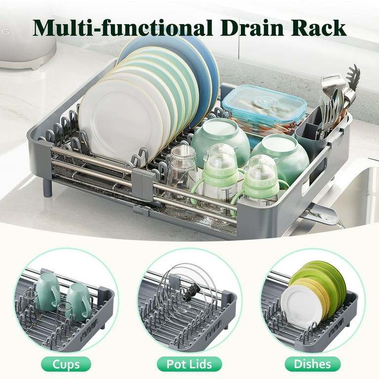 KINGRACK Extendable Dish Rack, Adjustable Dish Drainer with Drain