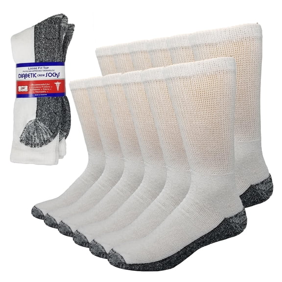 Debra Weitzner Men’s and Women’s Diabetic Crew Socks, Non-Binding Loose Fit Cushion Sole, Size 9-11, White and Black, 6 Pairs