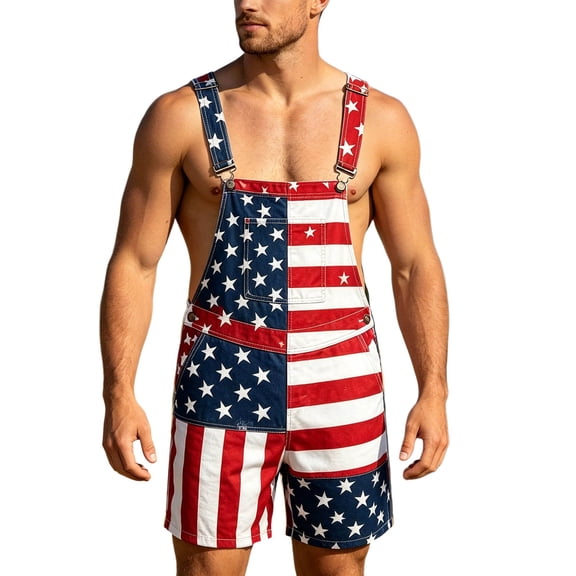 WERYOUNG Independence Day Festival Overalls For Man Patriotic Graphic Summer Suspender Shorts American Flag Denim Jumpsuit Versatile Onesie L