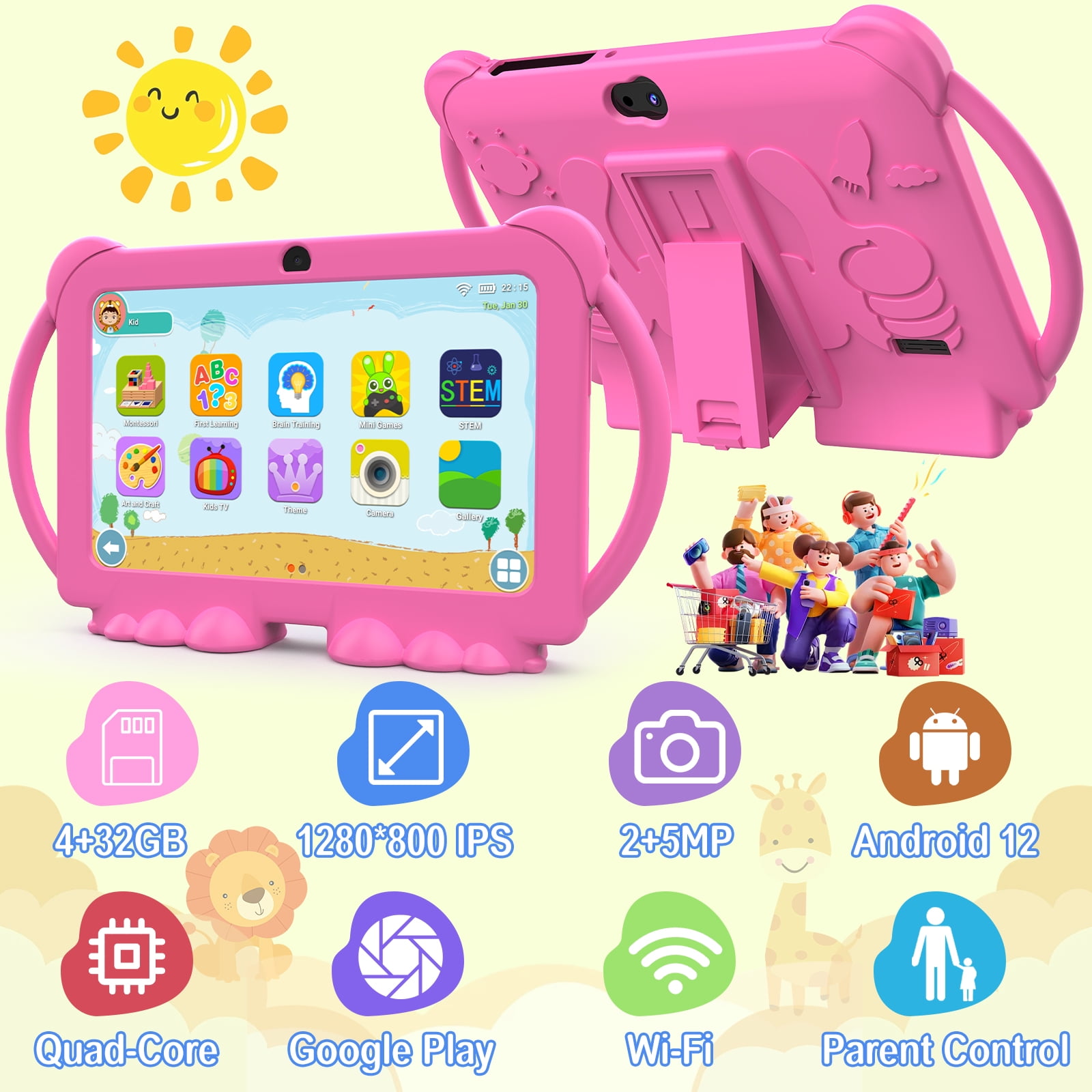 Kids Tablets 7 inch, Android 12 Tablet for Kids, 4GB RAM 32GB ROM, 512GB Expandable, with Parental Control, Google Certified Toddler Tablet, WiFi, Bluetooth, Dual Camera with Silicone Case,Pink