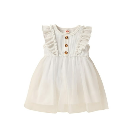 

Suanret Kids Baby Girls Mesh Princess Dress Ribbed Solid Color Ruffled Trim Sleeveless Tulle Tutu A-line Dress White 4-5 Years