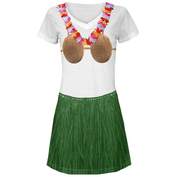 Coconut Bra Green Grass Skirt Hula Girl Juniors V-Neck Beach Cover-Up Dress  