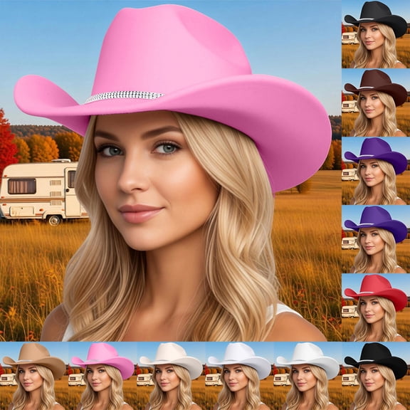 Hats for Women Unisex Sparkling Rhinestone Wide Brim Western Travel Cowboy Hat Red One Size