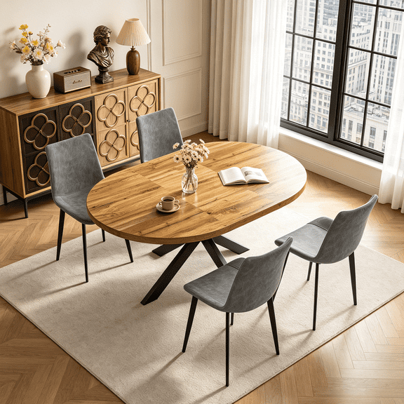 43.2"-59.2" Extendable Round Dining Table Set for 4-6,5 Piece Mid Century Modern Round Kitchen Table Set with 4 Upholstered Chairs for Kitchen Living Room, Space Saving
