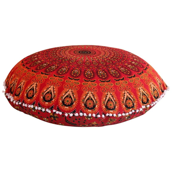 Stylo Culture Ethnic Outdoor Floor Cushion Cover Mandala Floor Pillow Yoga Pillow Case Red 32x32 Big Decorative Round Decor Seating Tuffet Seat Pouf Cover Footstool Cotton Peacock Feather 1 Pc
