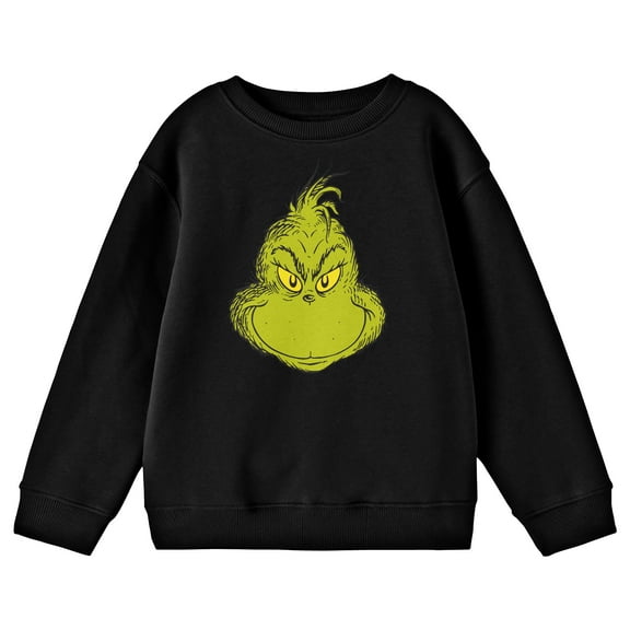 The Grinch Smiling Grinch's Face Boy's Black Crew Neck Long Sleeve Sweatshirt-Small