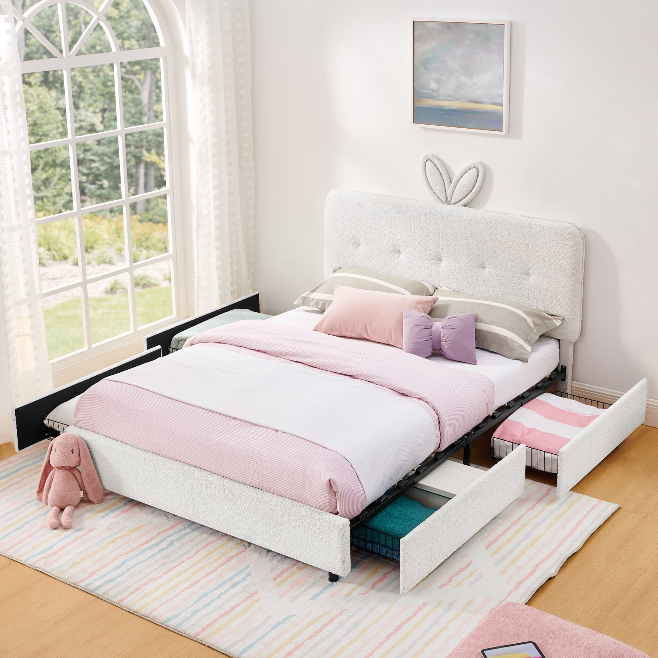 Noble House Bertis Queen Size Boucle Kids Bed, Rabbit Ear Headboard Bed Frame with LED Light and Storage Drawers, Beige