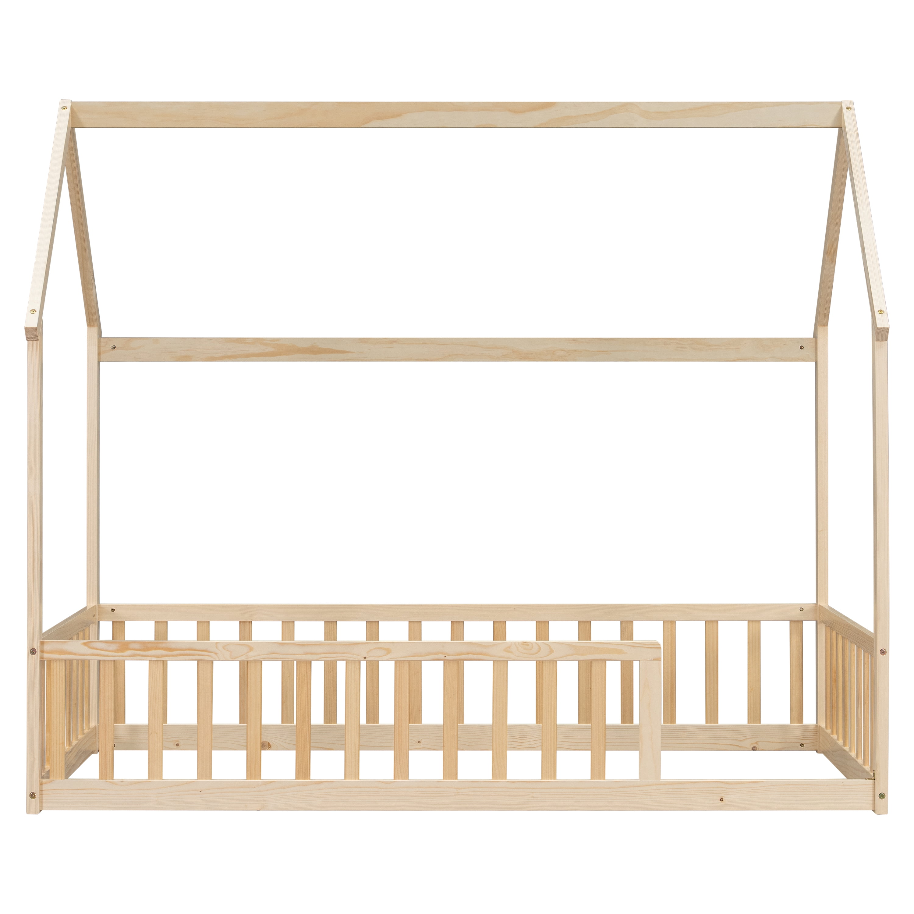 Natural Twin House Floor Bed with Full Safety Fence, Solid Pine Montessori Kids Playhouse Bed Frame No Box Spring Needed Max 250 LBS for Toddler Nursery Bedroom