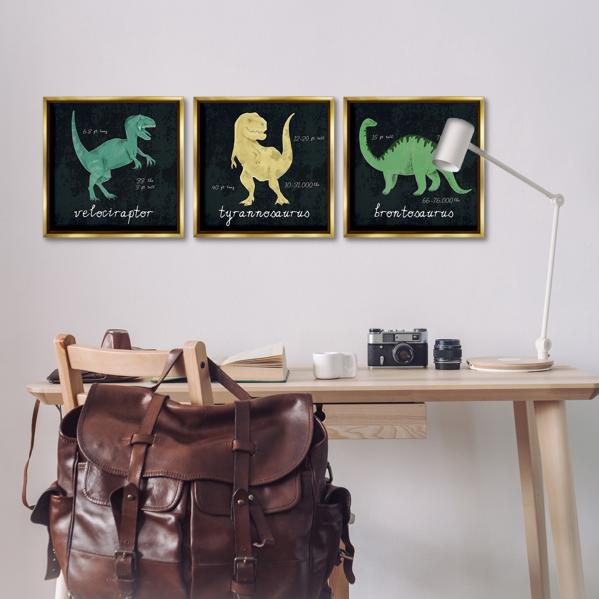 Stupell Industries Dinosaur Facts Chalk Inspired Design Animals & Insects Painting Gold Floater Framed Canvas Art Print Wall Art, 18 x 18, Set of 3