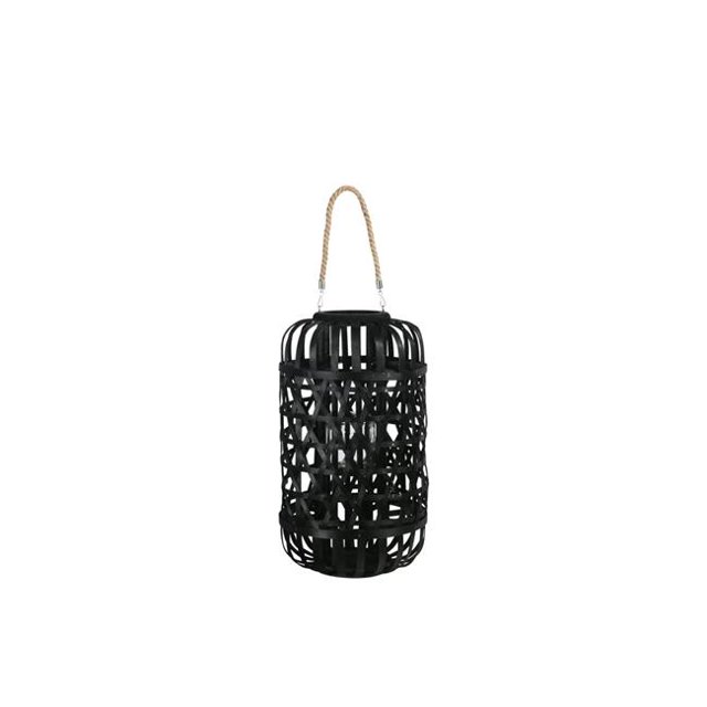 Benjara BM208242 Large Wooden Lantern with Octagonal Cut Out & Rope Hanger - Black